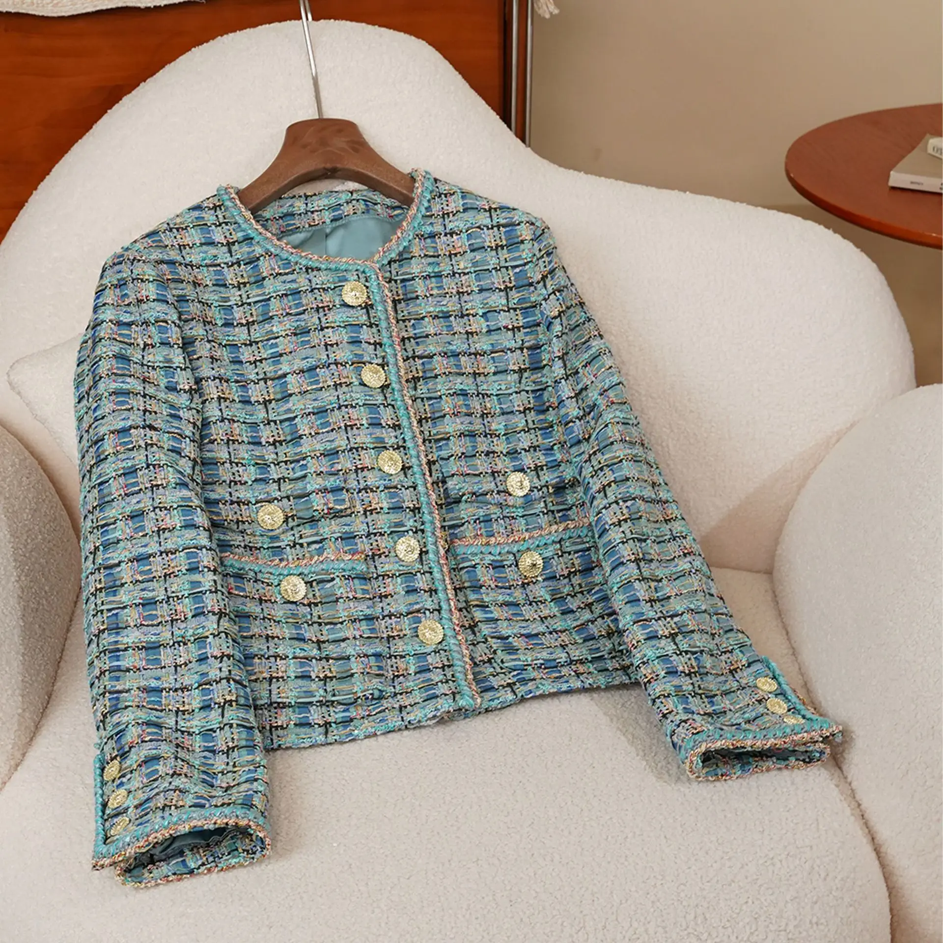 سترة تويد منقوشة فاخرة للنساء، رقبة دائرية عتيقة، جودة عالية، خريف وشتاء، طراز كوري، 2025