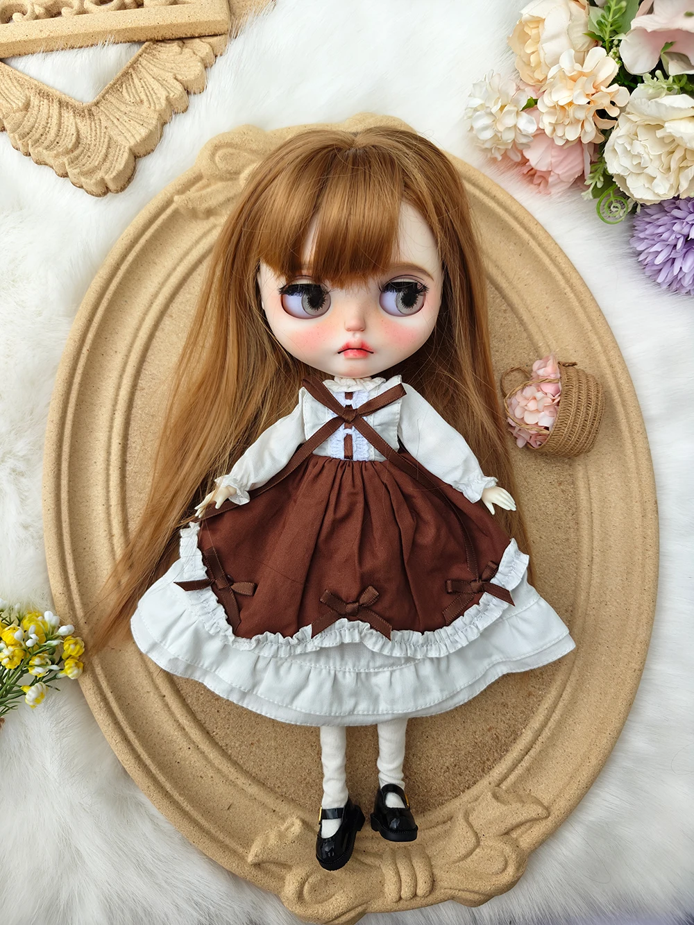 blythe dolls clothes ringed dress  Vintage lace brown dress 28-30cmOB22 OB24 AZONE Blythe Doll Accessories