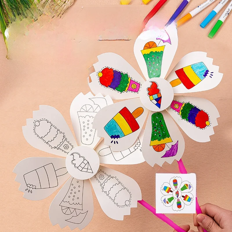 Outdoor Blank Windmill DIY Hand Drawing Coloring Toy Kindergarten Children's DIY Handcraft Toy Windmill Unisex Short Sleeve T...