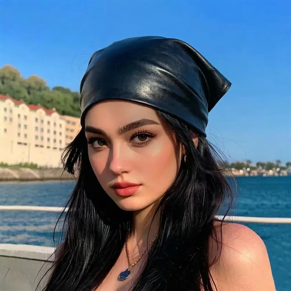 

Black PU Leather Triangular Headscarf Y2K Korean Hip-hop Kerchief Hair Scarf Women Square Hijab Lady Sunscreen Bandana Scarves
