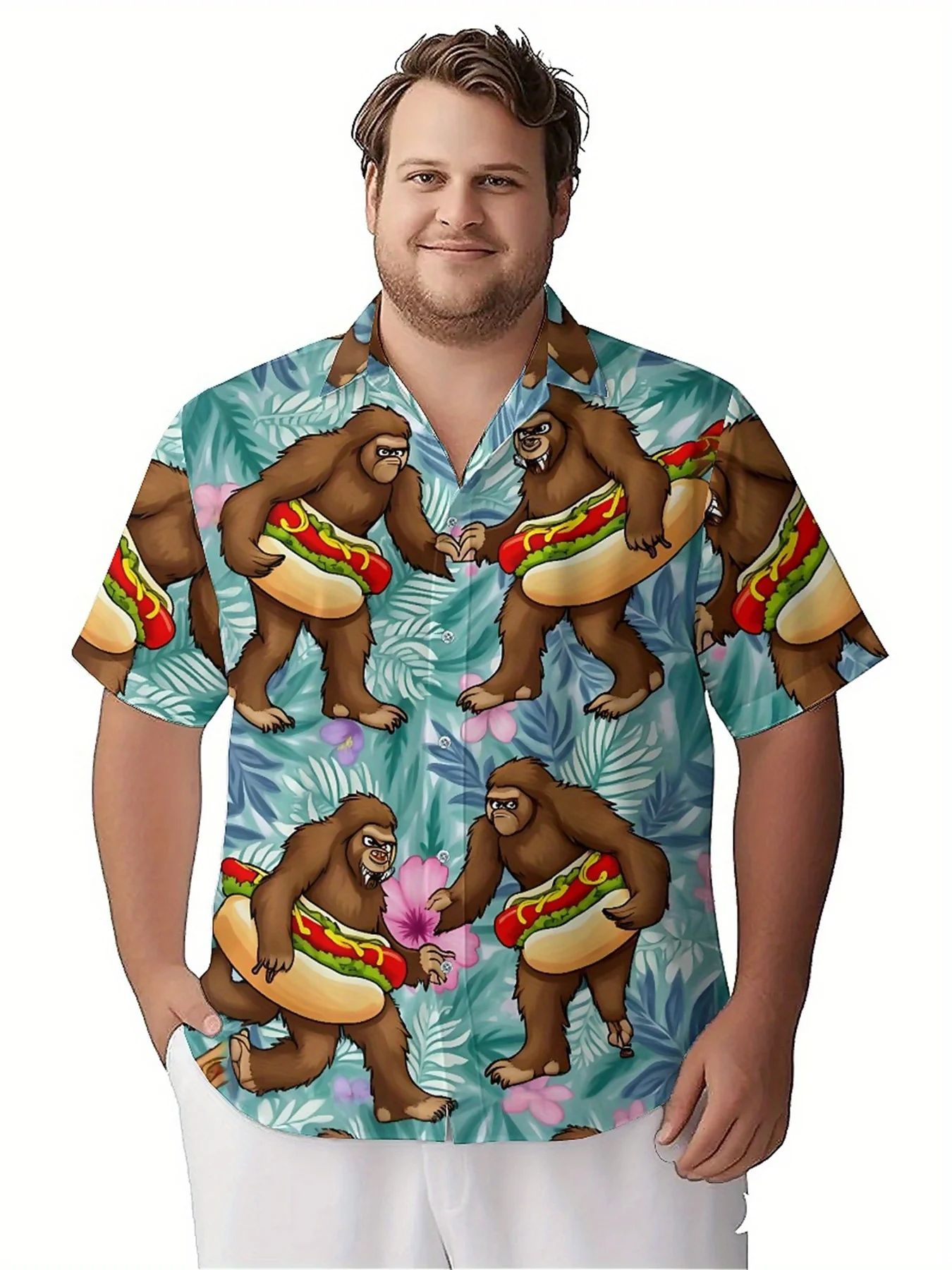 Heren Plus Size Hawaiiaanse Shirts Sasquatch Hot Dog Party-patroon, Premium Comfort Jeugdkleding, Streetwear Y2K Tops