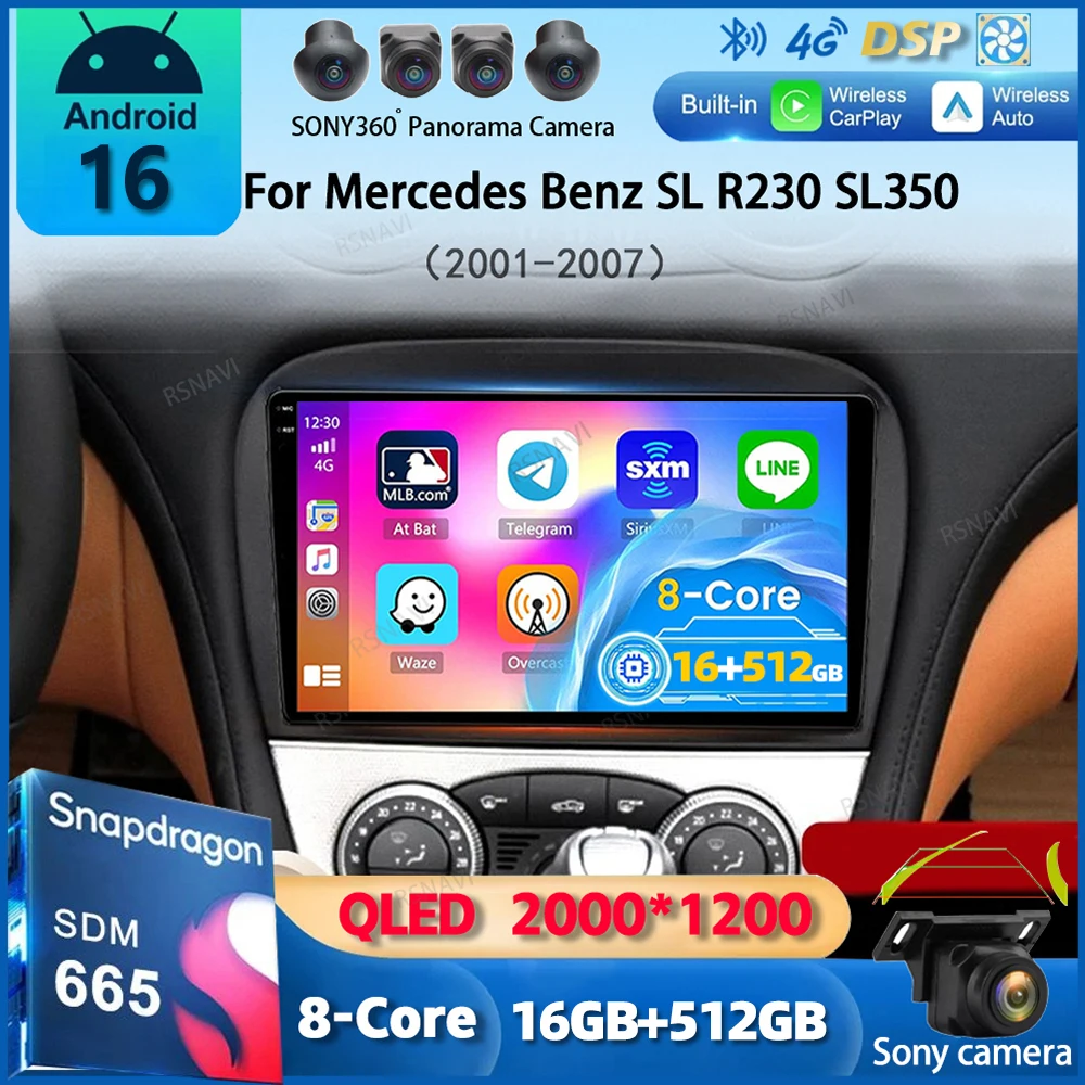 Android 16 Carplay Car Radio For Mercedes Benz SL R230 SL350 SL500 SL55 SL600 SL65 2001-2007 Multimedia Player Stereo Head Unit