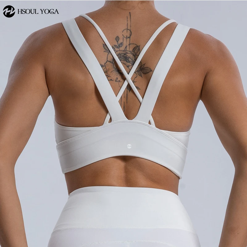 Hsoul Yoga Frauen Yoga Top mit schlanker Sport weste aus Nylon mit nacktem Gefühl/weißem sexy Cross Top/rücken freiem BH Akzent Stück