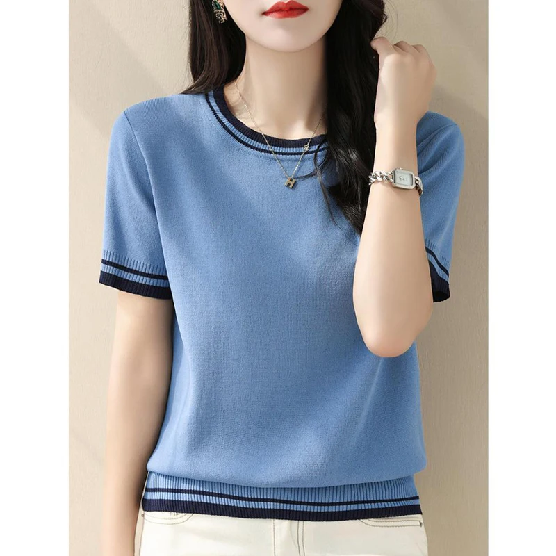 Women Korean Fashion Contrast Color Elegant Knitted T-shirt 2024 New Summer Female Casual O Neck Short Sleeve Slim Pullover Tops