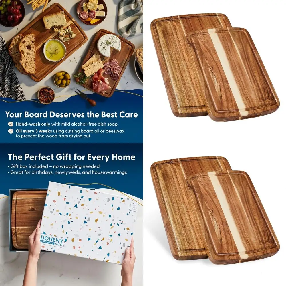 เขียงไม้กระถินคู่ - ขนาดเล็กและกลาง มีร่องสำหรับน้ำผลไม้ บรรจุกล่องของขวัญ ขนาด 14x10x1 นิ้ว และ 12x8x1 นิ้ว เหมาะสำหรับเนื้อสัตว์และผัก