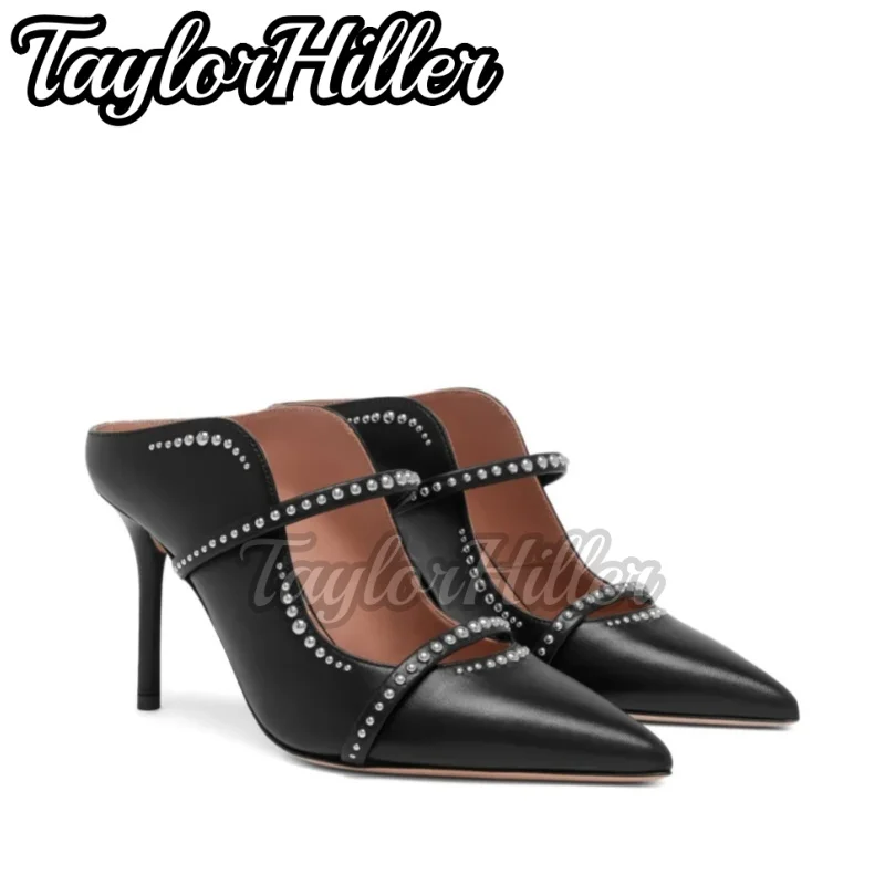 

Black Double Strappy Mule Sandals Rhinestones Pointy Toe Shallow High Heels Stiletto Women Pull On Slip On Luxury Summer Shoes
