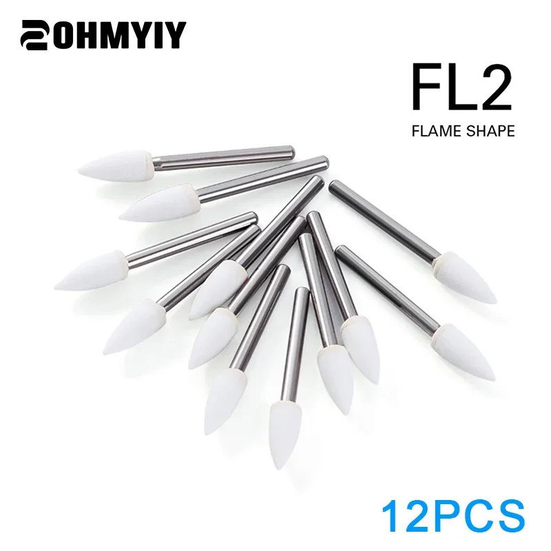 

12Pcs/Box Dental White Polishing Stone High Speed Dentistry Tools Flame Cone Round Shape Handpiece Burs FG