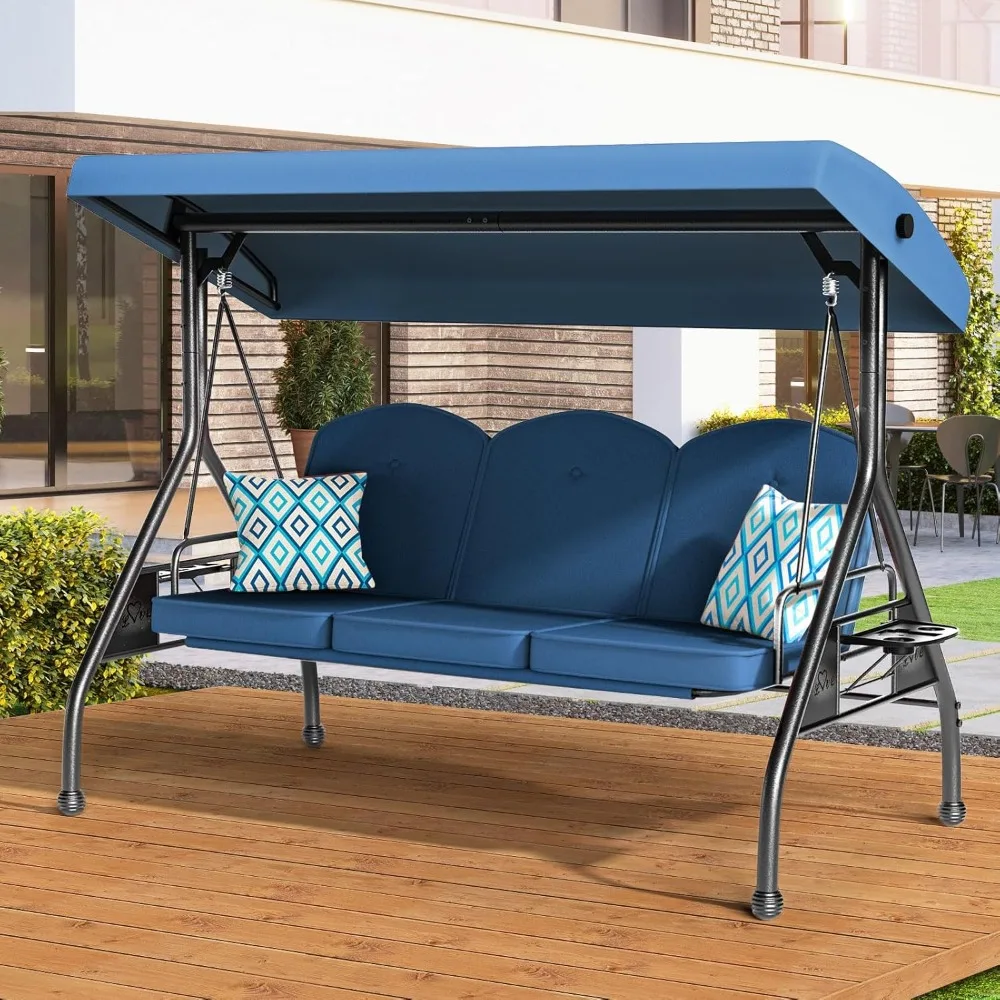 

3 Seat Outdoor Porch Patio Swing, with Stand 800lbs 2-in-1 Convertible Swing Bed, with Adjustable Canopy & Removable Cushion