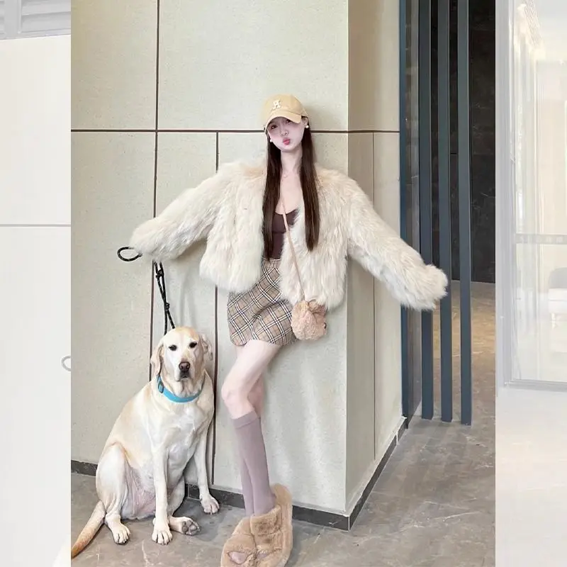 

Пальто с воротником из искусственного меха, женские осенние синтетические универсальные волосатые пальто с капюшоном, свободные пышные теплые пальто с отложным воротником в корейском стиле, модные