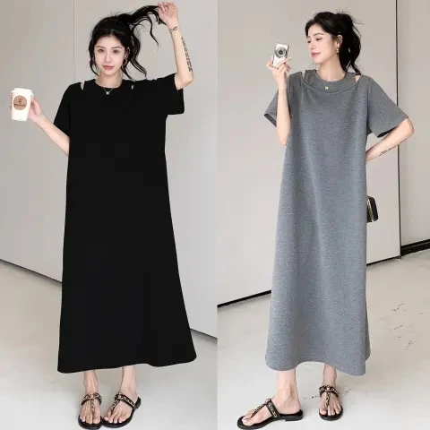 

plus Size Korean Style Casual Shoulder Bared Dress Women's Summer Slimming Long Dress A-Line High Waist Short Sleeve round Neck