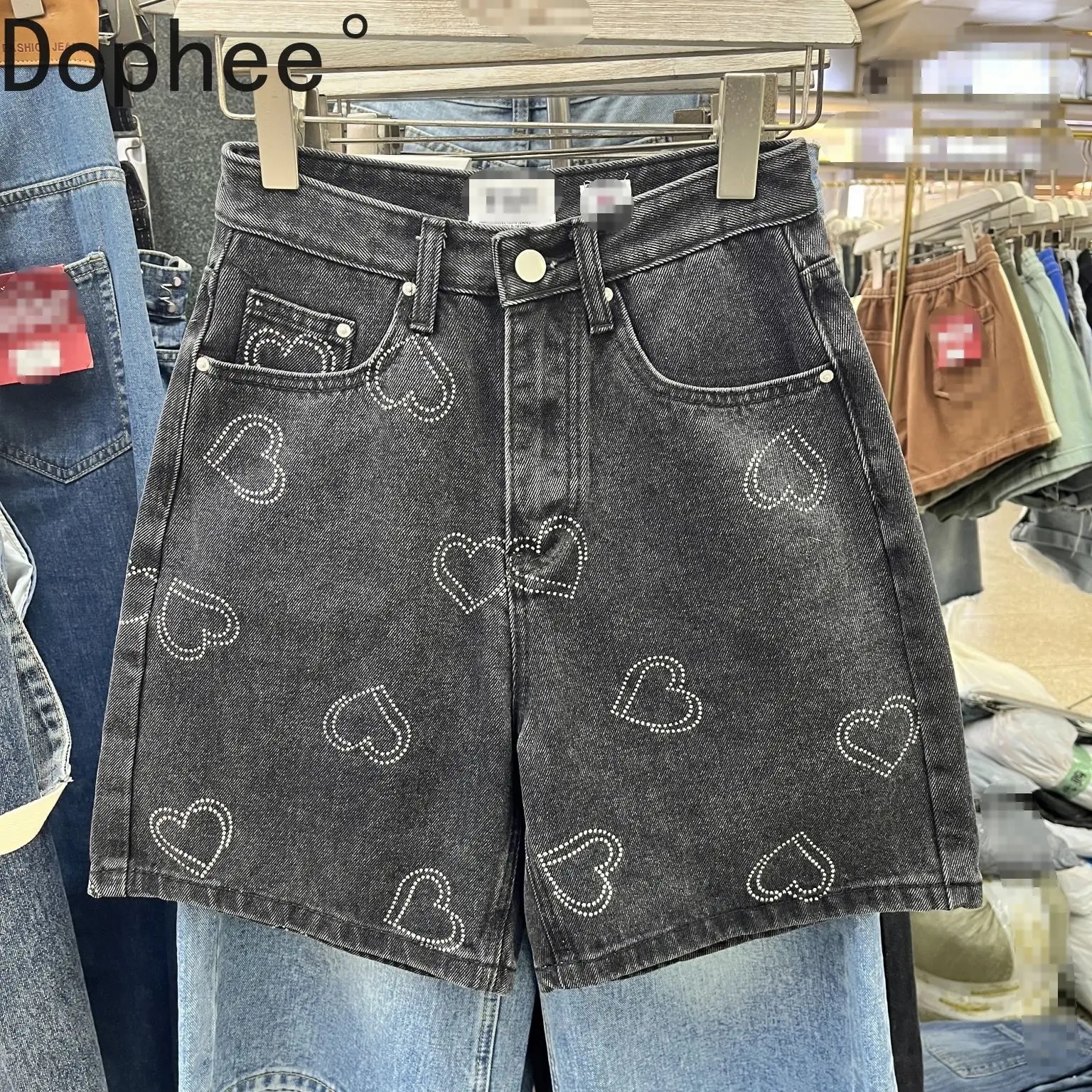 

2025 New Summer Women Hot Shorts Cute Love Diamonds All-match High Waist Straight Pants Black Grey Casual A-line Short Jeans