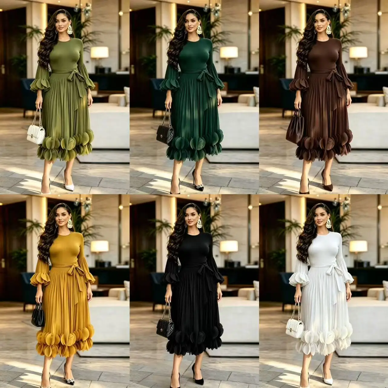 2026 Miyake Light Luxury High-end Round Neck Dress Women's Summer Pleated Ruffle Edge Design Temperament Long Dress