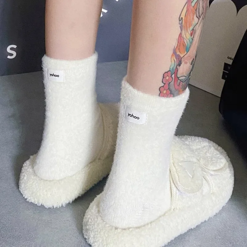 Winter Thick Fluffy Socks Label Solid Color Mink Wool Middle Tube Socks Women Warm Soft Non-slip Stocking New Year Accessory