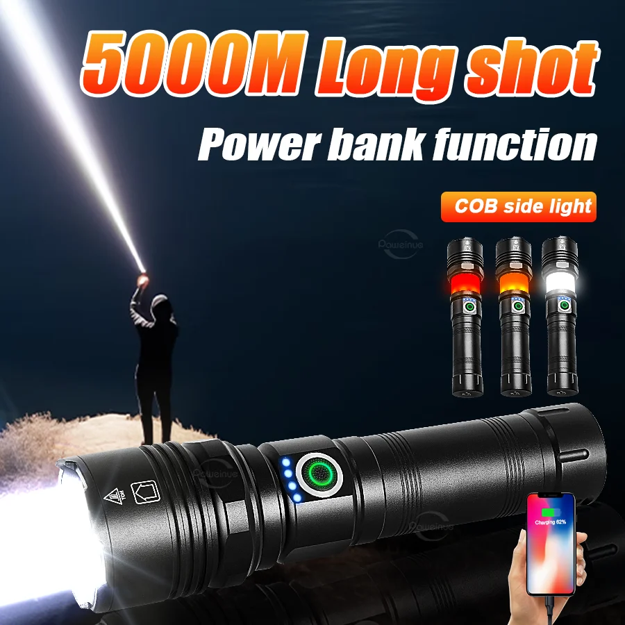 

5000-метровый сверхмощный фонарик, светодиодный USB-перезаряжаемый фонарь типа C, аккумулятор 18650/26650, белый лазерный тактический фонарь дальнего выстрела