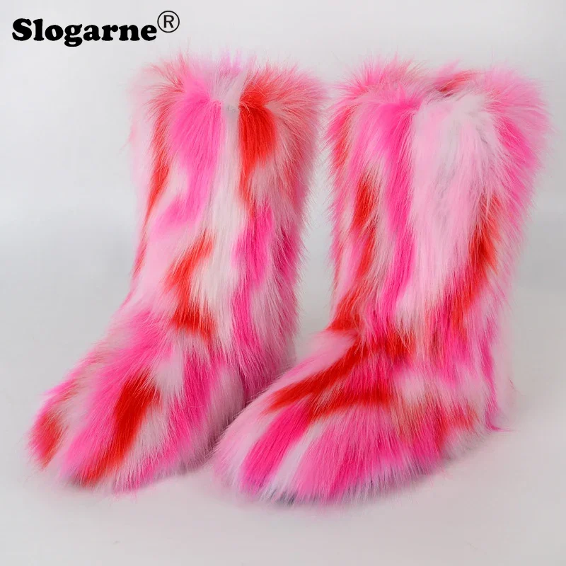 Women\'s Winter Colourful Fox Fur Snow Boots Outdoor Luxury Furry Faux Fur Boots Female Plush Warm Bottes Woman Fashion Fur Shoes