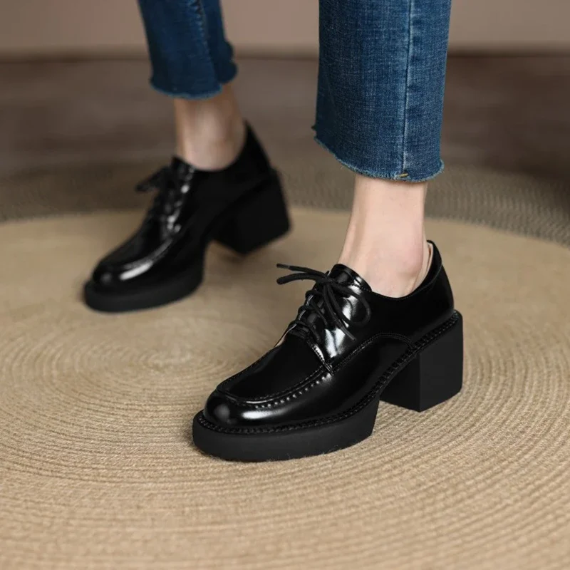 HOT SALE Spring/Autumn Women Pumps Split Leather Shoes for Women Round Toe Chunky Heel Women Shoes Casual Lace up Platform Shoes