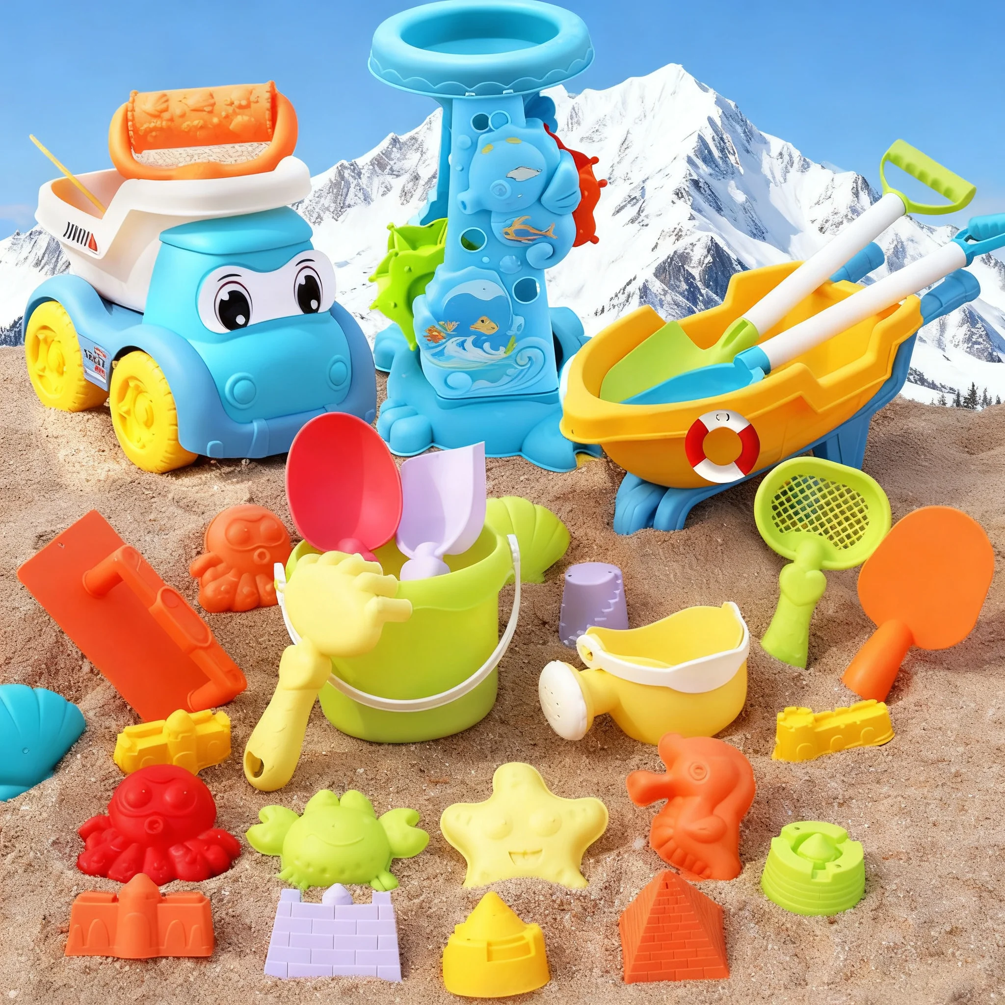 Children's Beach Toy Set, ATV, Sand Digging and Water Toy, Beach Bucket, Hourglass, Shovel, Beach Sand Play Tool Random Colors