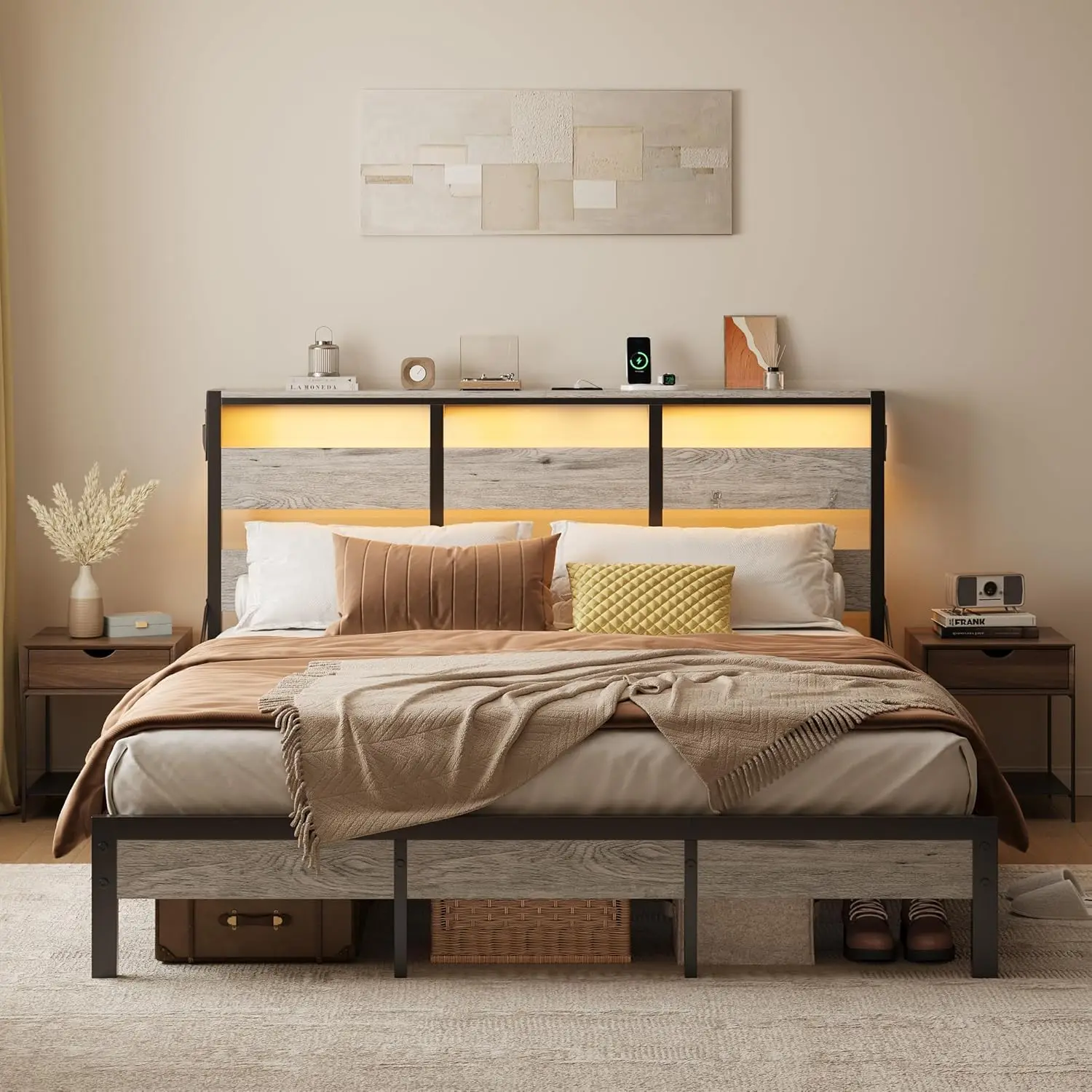 

Full Bed Frame with Headboard Storage and Charging Station, Platform Bed Frame with LED Lights, Non-Slip Metal Bed Frame