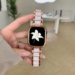 Resin Stainless Steel Strap for Apple Watch Band 44mm 40mm 42mm 38mm 41mm Rose Gold Wristband for iWatch Series 9 8 7 Ultra 2 Se