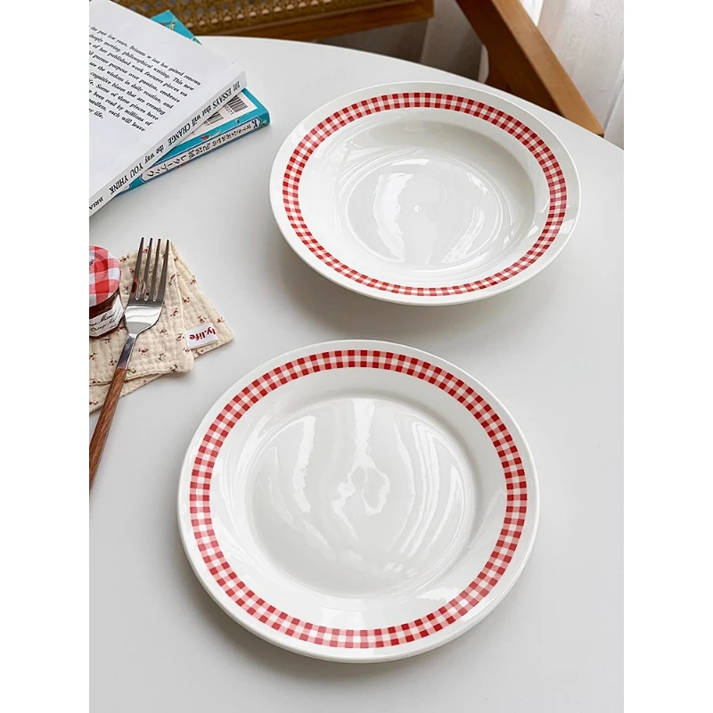 Керамическая тарелка в скандинавском стиле Ins, красная клетчатая тарелка для ресторана, дома, десертные тарелки, суповая тарелка, тарелка для стейка в западном стиле, Рождественский подарок