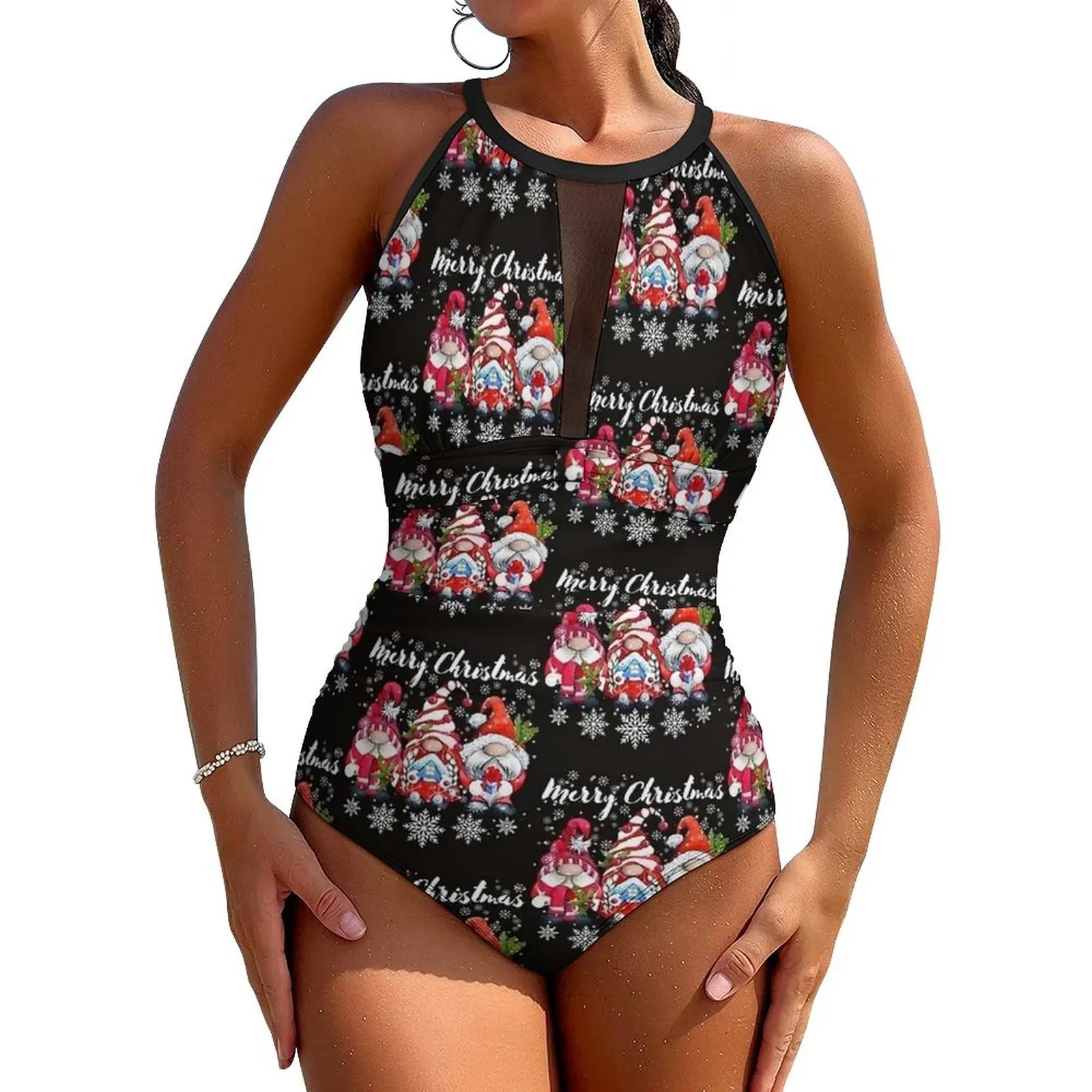 Merry Christmas Gnomes Swimsuit Swimwear One Piece Holiday Pool Swimsuits High Cut Bathing Suits Women Push Up Sexy Beachwear