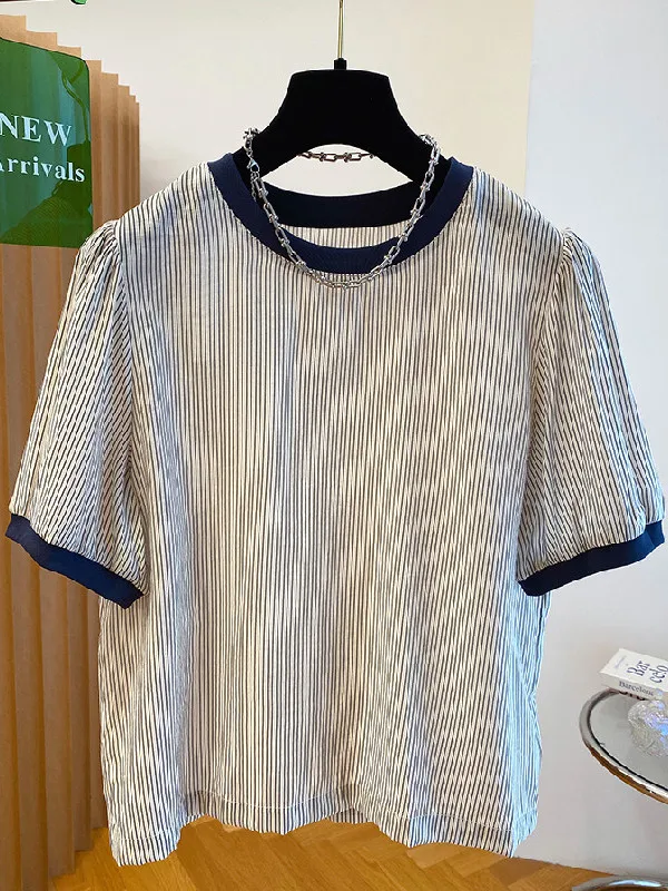 

plus Size Women's Shirt Summer Short Sleeve Bubble Sleeve Striped Pullover Top Inner Wear Casual Loose Fit Breathable Polyester