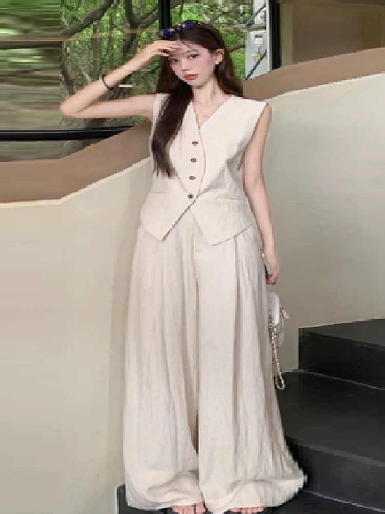 

Casual Solid Color Blouse Pants Women V-neck Single Breasted Sleeveless Split Tops Wide Leg Trousers 2025 Summer Street Outfits