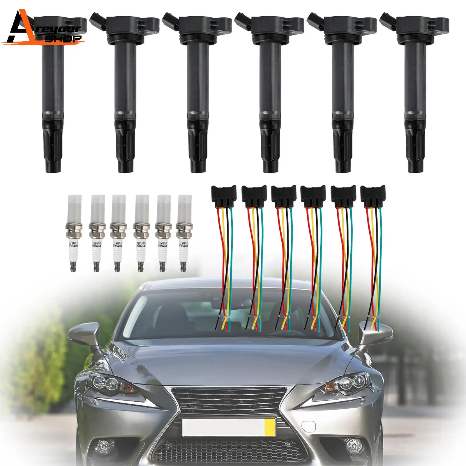 

Areyourshop 6 Ignition Coils+Connectors+Spark Plug UF487 90919-02251 for Toyota Sienna 3.5L