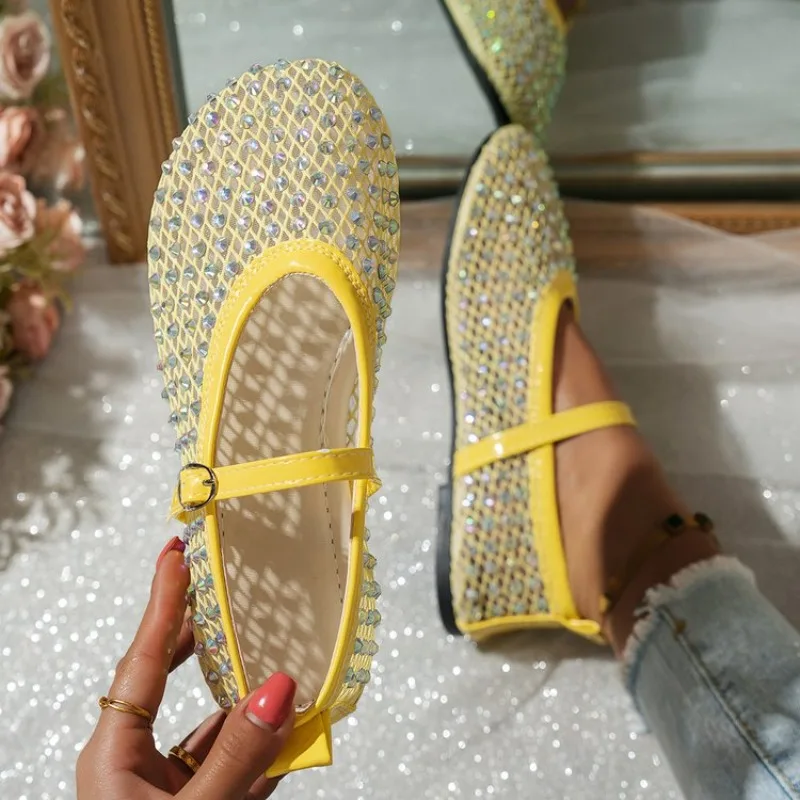 

Womens Fashion Sparkling Rhinestone Mesh Mary Jane Ballet Flat Breathable Crystal Fishnet Flat Shoes Buckle Strap Ladies Comfort