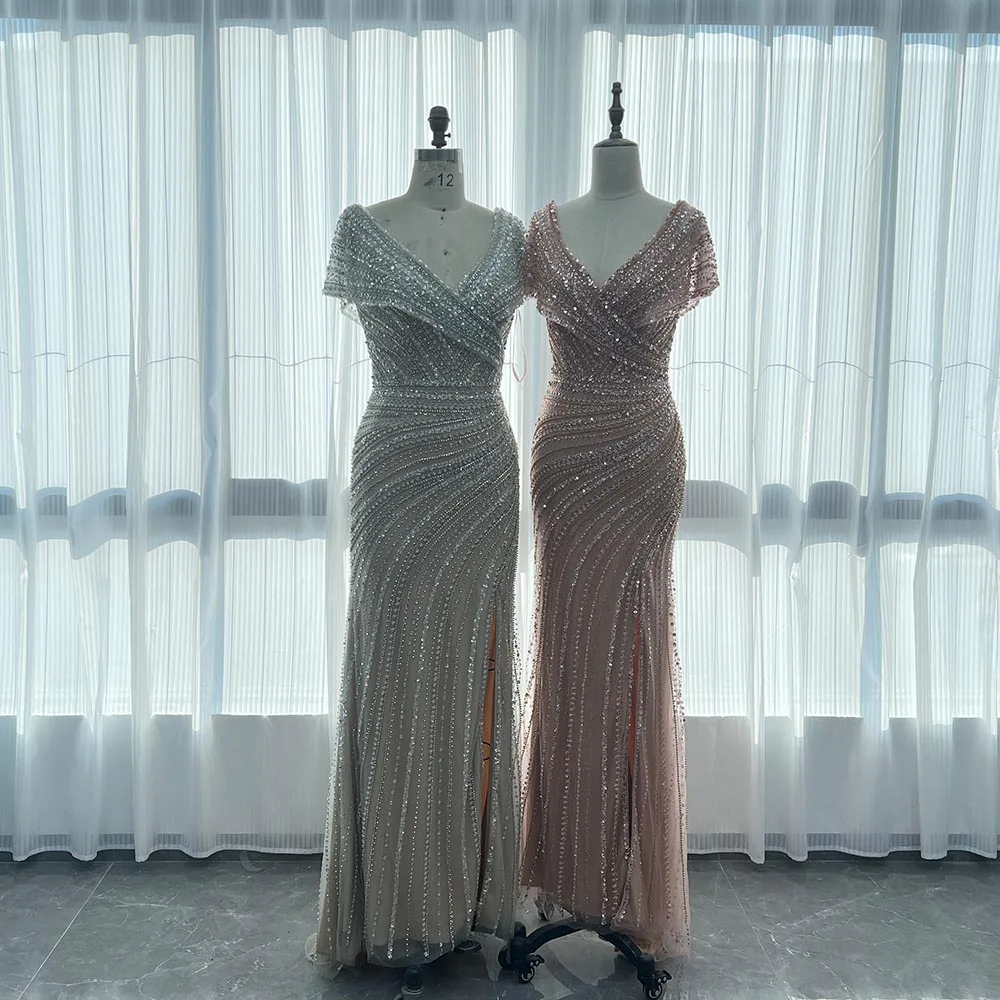 

YQLNNE 0665, элегантное серебряное обнаженное вечернее платье с кристаллами и v-образным вырезом, расшитое бисером и блестками, вечернее женское платье русалки для свадебной вечеринки