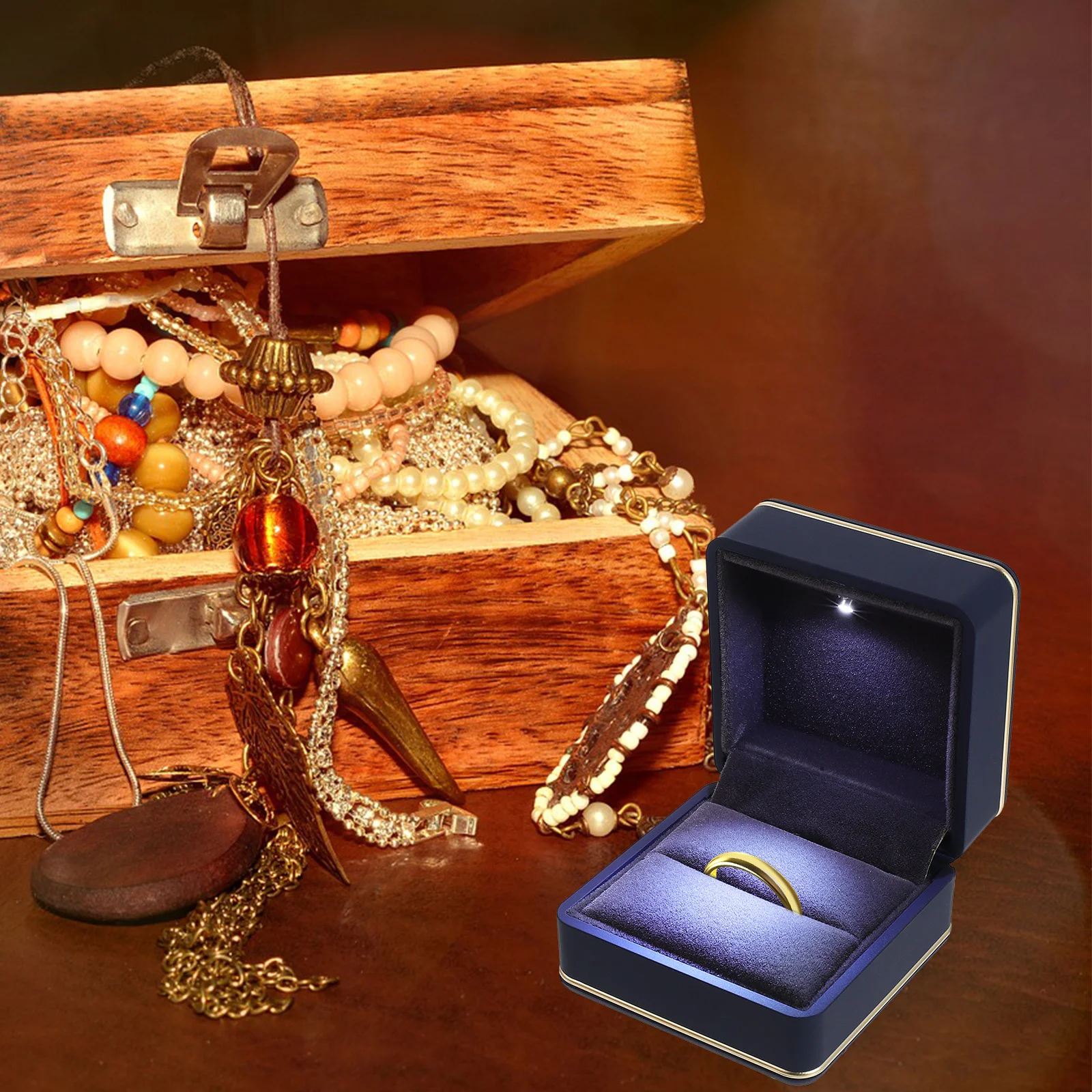 

Led Lighted Ring Box Square Shape Waterproof Jewelry Organizer Case For Proposal Wedding Engagement Gift Storage