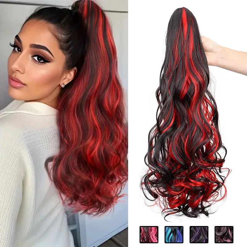 

20Inch Synthetic Long Curly Claw Clip in Hair Extension Highlight Colors Mixed Blue Red Ponytail for Women