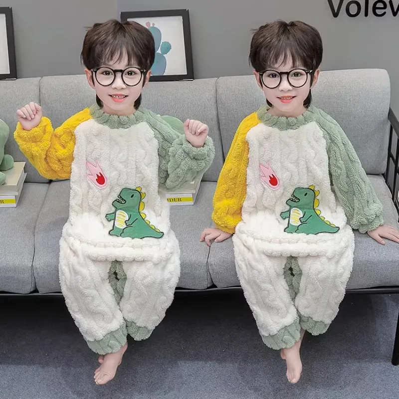 

1-8 Years Children's Loungewear Coral Fleece Fabric Cartoon Pattern 1-piece Pajamas Soft Comfortable Thermal Pajamas for Boys