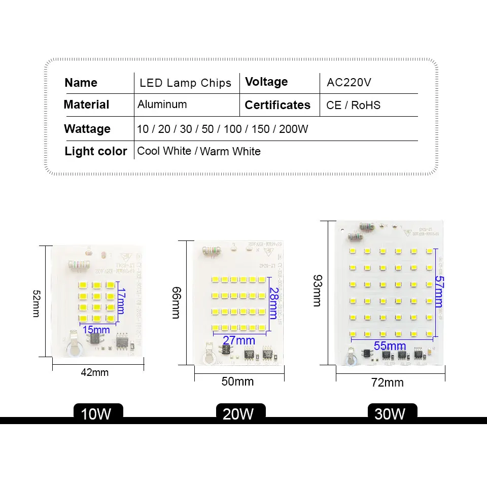 LED COB Chip 10W 20W 30W 50W 100W 220V Smart IC No Need Driver 150W 200W LED Bulb Lamp for Flood Light Spotlight Diy Lighting