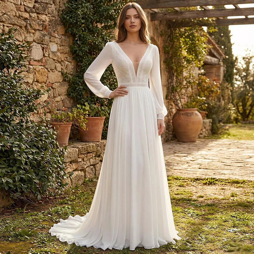 

Bohemian Lace V-Neck Long Sleeves Beach Wedding Dress Customized Floor Length Sweep Train Chiffon Bridal Gown Vestido De Novia