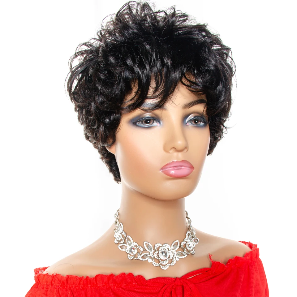 Bouncy Natural Wave Wig Human Hair Short Pixie Cut Wigs For Black Women Cheap Full Machine Made Wig 150% Brazilian Hair