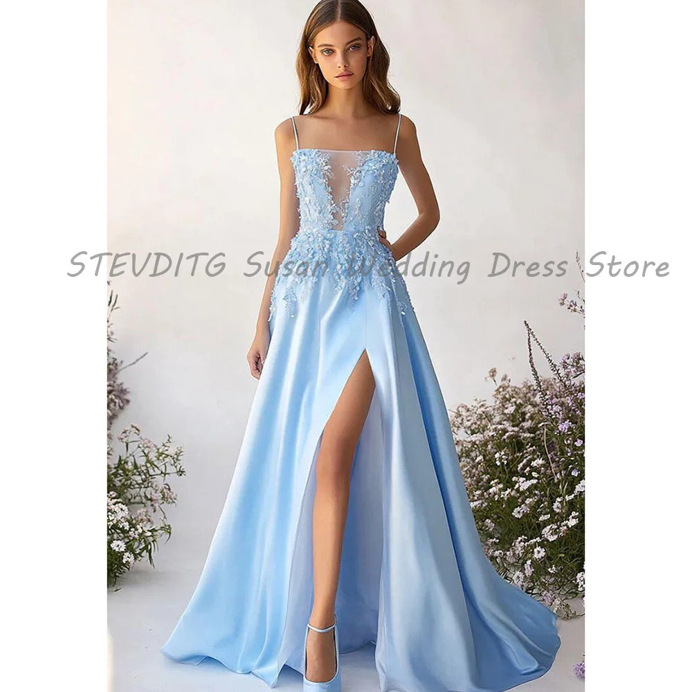 Blue Evening Dresses Women Floor Length Square Collar Spaghetti Strap Sleeveless A Line Alliques High Quality Female Gowns Prom