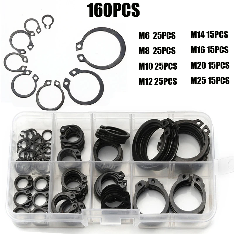 160pcs M6-M25 Carbon Steel Black Shaft C Type External Circlip Washer Bearing Retaining Clip Snap Rings Set