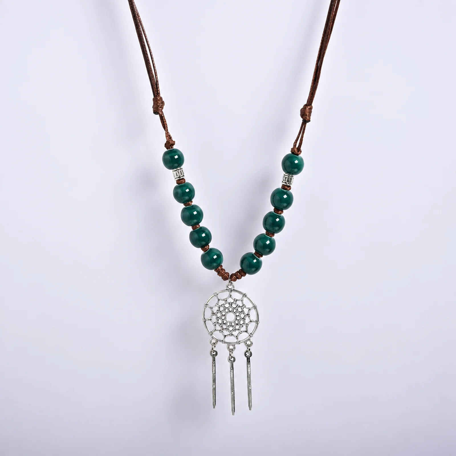 Handmade Ceramic Bead Necklace with Adjustable Waxed Cord Handwoven Alloy Feather Net Pendant Metal Fittings 609P5-07