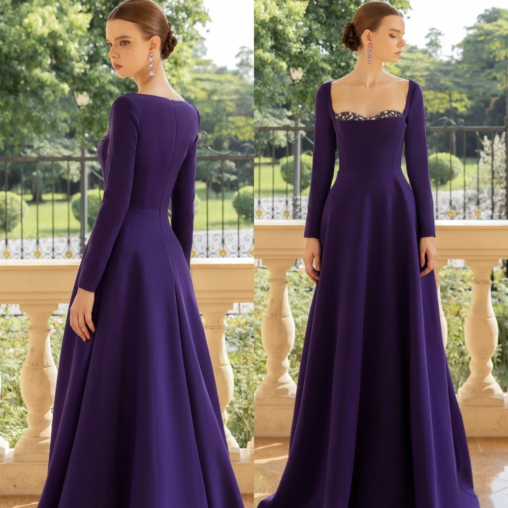 

Customized Soft Purple Jersey Evening Dresses Square Collar Long Sleeves Homecoming Dress Fashion Special Occasion Gowns