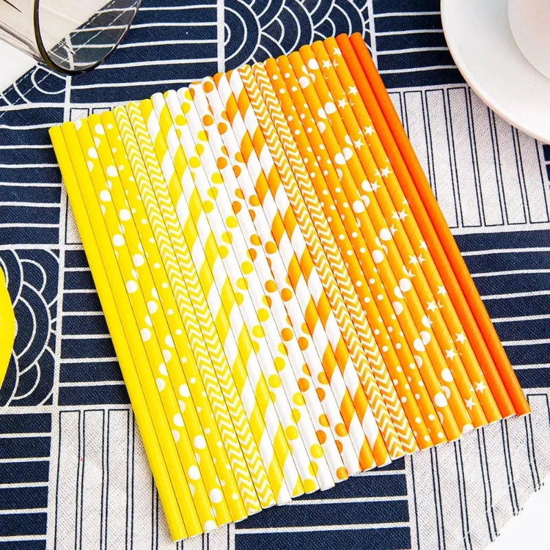 Disposable Degradable Paper Straws, Orange Series, Kraft Paper, Environmentally Friendly and Healthy, 25Pcs