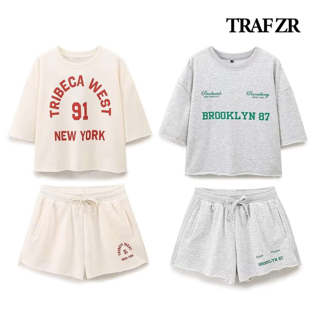 TRAF ZR Plush Ensemble Femme 2 Piece COTTON Shorts Sets for Women Text Print O-neck Sweatshirt + Mid Elastic Waistband Shorts