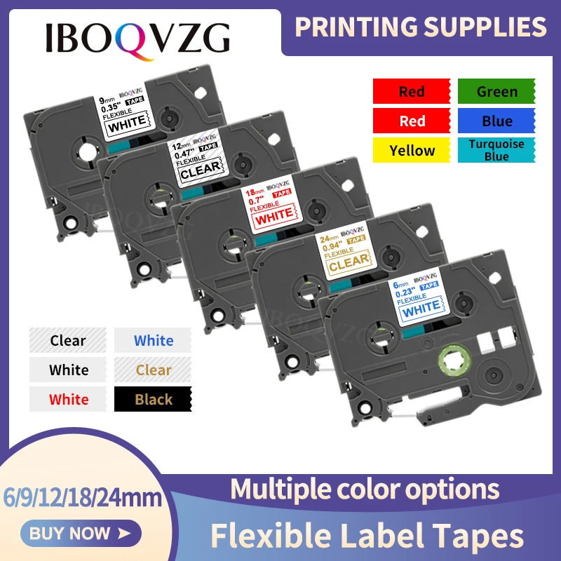 1PK 6/9/12/18/24/36mm Multicolor Flexible Cable Label Tape Compatible Brother Tze-FX231 Tze-fx231 P-touch PT-18Rz/1010/1280/2030