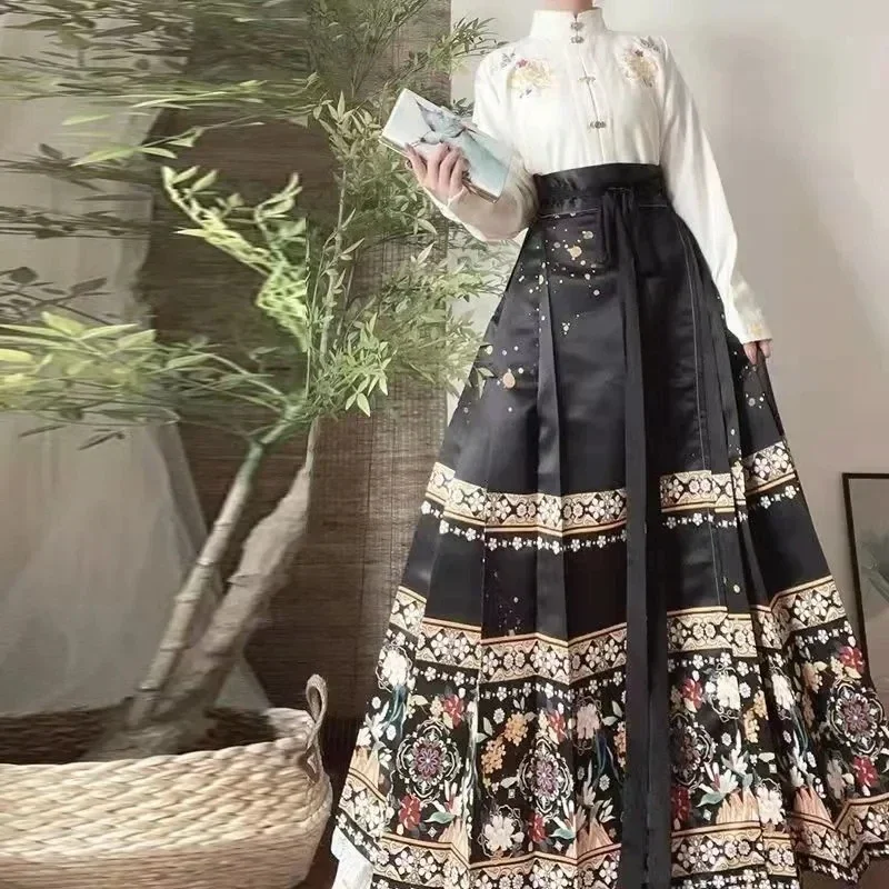 Hanfu Horse Face Skirt Women Chinese Traditional Hanfu Pleats Skirt Black White Shirt+Black Blue Red Apricot Robe Skirt Sets New