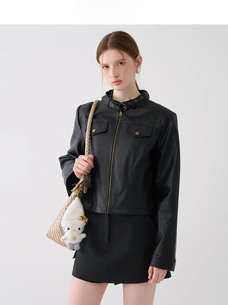 레트로 지우지우 모터사이클 스타일 가죽 재킷 여성용 2026년 봄 신상 지퍼 스트레이트 튜브 롱 슬리브 스탠드 칼라 코트