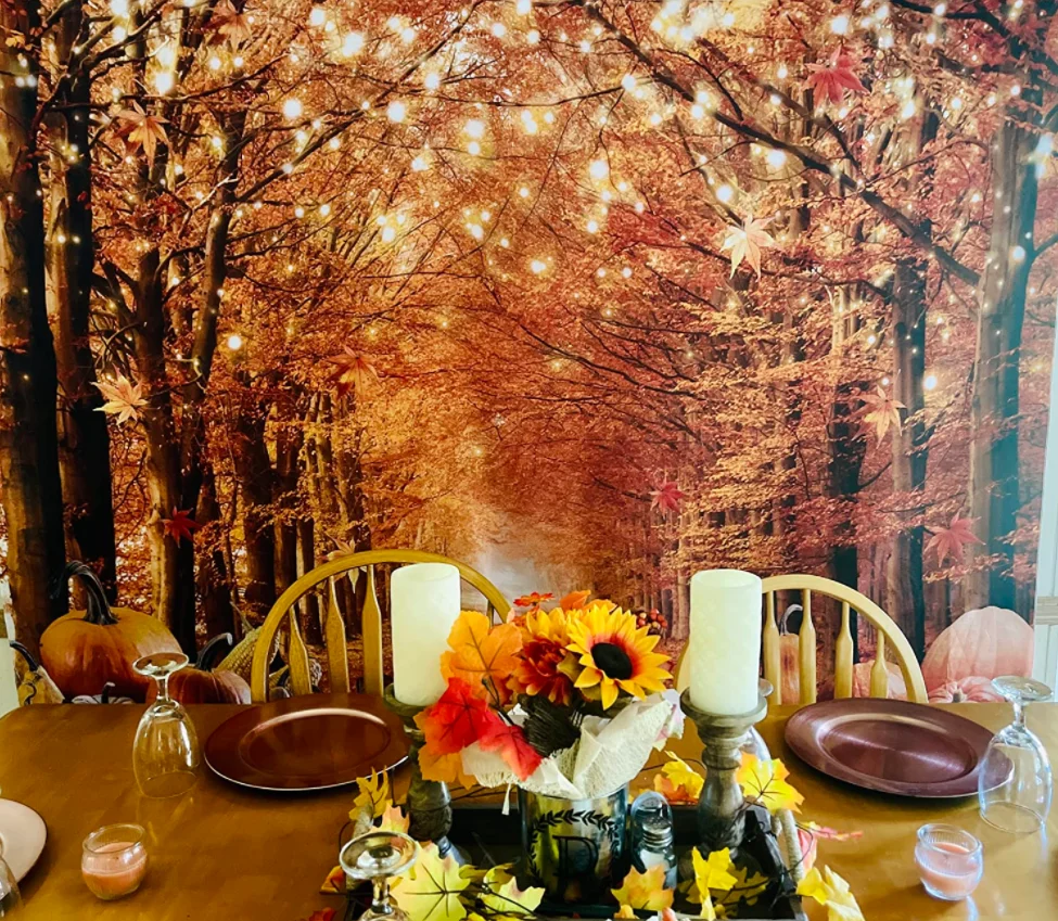 Laeacco outono maple floresta folhas caídas abóbora paisagem foto fotografia fundo fotográfico para estúdio de fotos