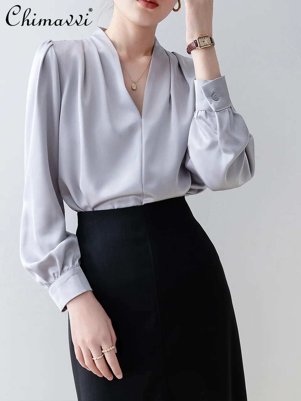 Spring 2024 Commuter Blouse For Women Vintage Light Blue V-neck Long Sleeve Comfortable Satin Top Shirt All-Match Casual Blouses