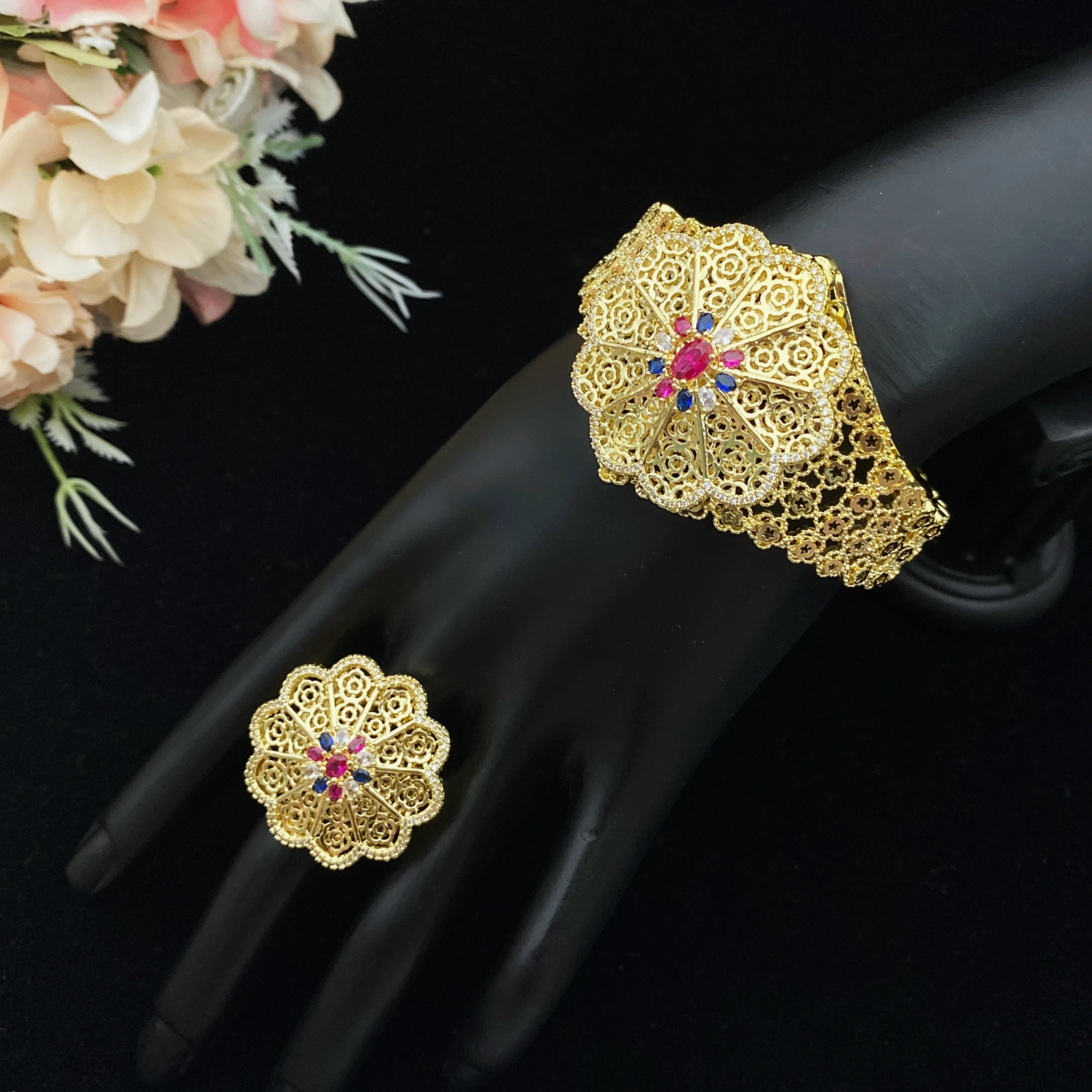 

JRH Bridal Jewelry 2Pcs Flower Zircon Wedding Bracelet Ring Set Gold Plated Bride Gift for Woman Party Wear