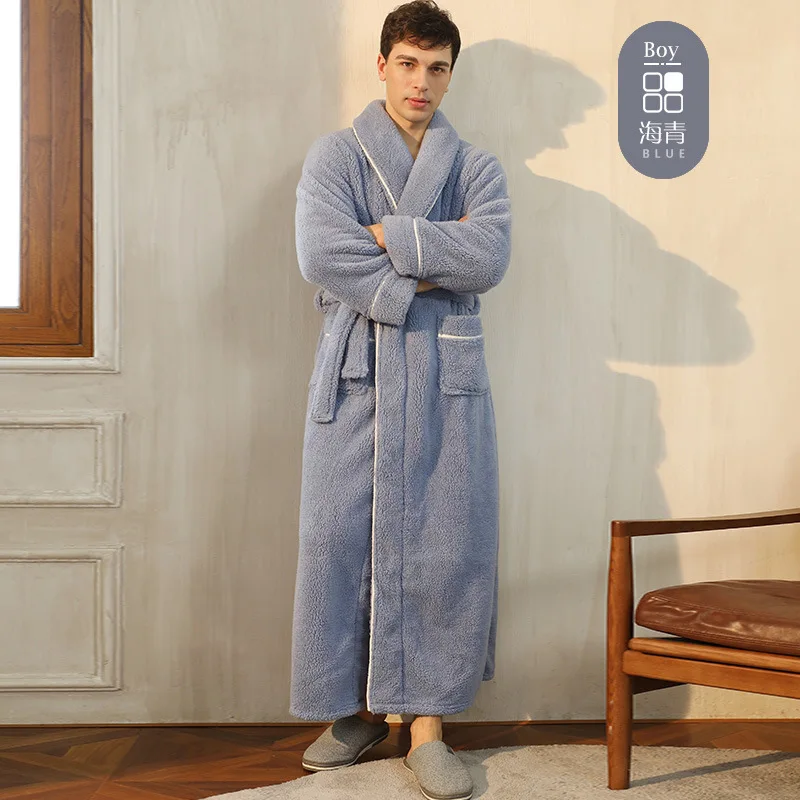 Men\'s Winter Bathrobe Long Sleeve Warm Turn Down Collar Man Fluffy Bath Robe With Sashes Solid Fleece Dressing Gown For Male