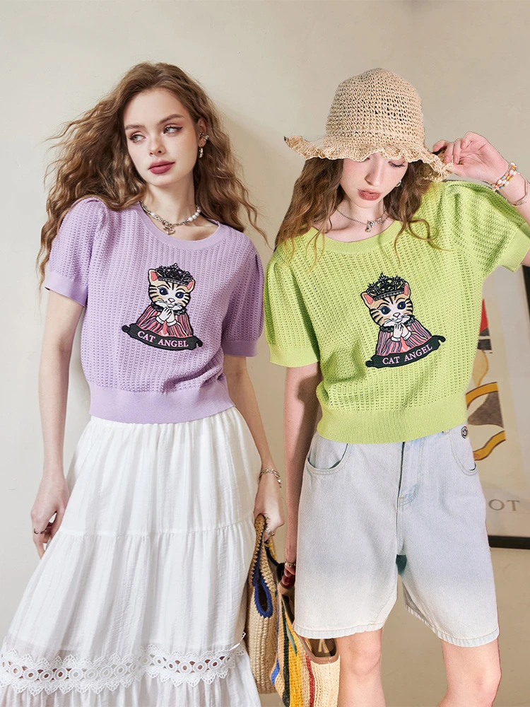 Summer Animal Embroidery Bubble Short Sleeve Hollow Out Sweater Women Ice Silk Knit T-shirt Vintage O-neck Slim Knitwear Tops